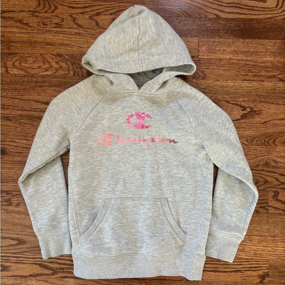 Champion Heather Gray Hoodie with Interactive Pink Accents